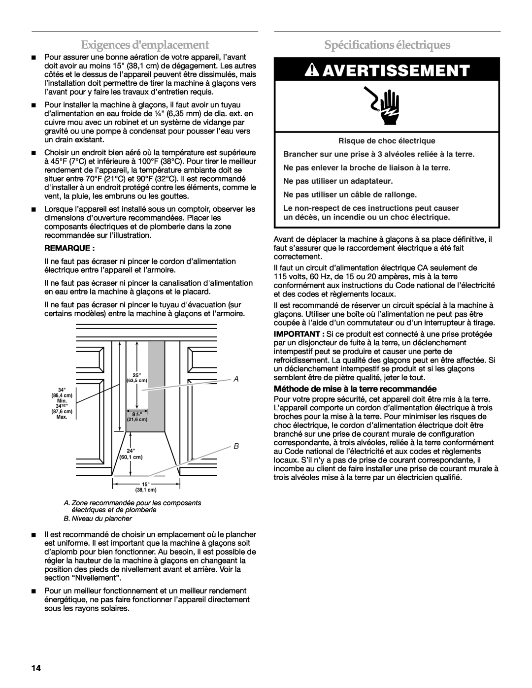 KitchenAid KUIO15NNLS manual Exigences demplacement, Spécifications électriques, Méthode de mise à la terre recommandée 