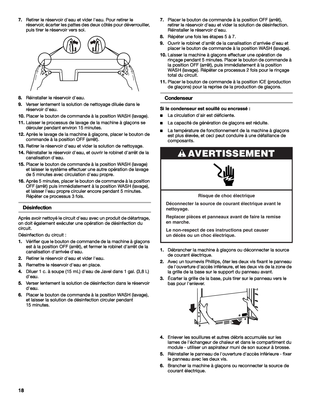 KitchenAid KUIO15NNLS manual Désinfection, Condenseur, Risque de choc électrique, Avertissement 