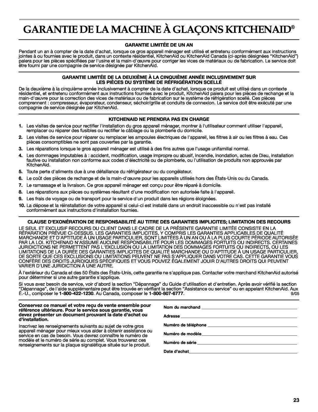 KitchenAid KUIO15NNLS manual Garantie De La Machine À Glaçons Kitchenaid, Garantie Limitée De Un An 