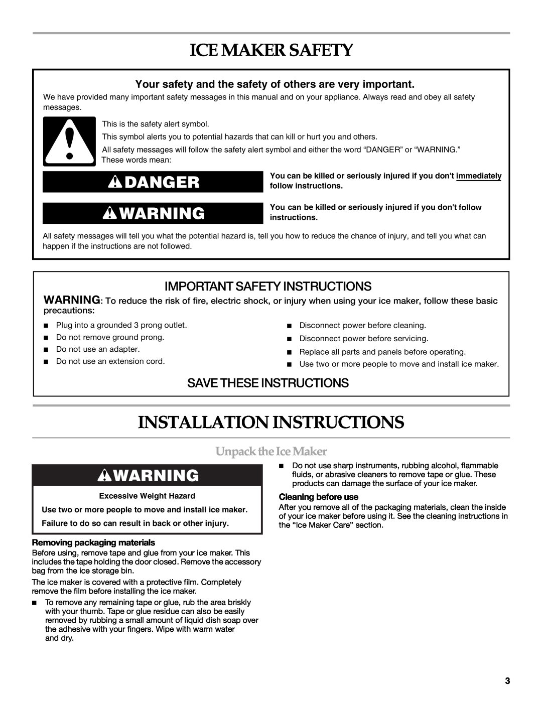 KitchenAid KUIO15NNLS Ice Maker Safety, Installation Instructions, Danger, Important Safety Instructions, precautions 