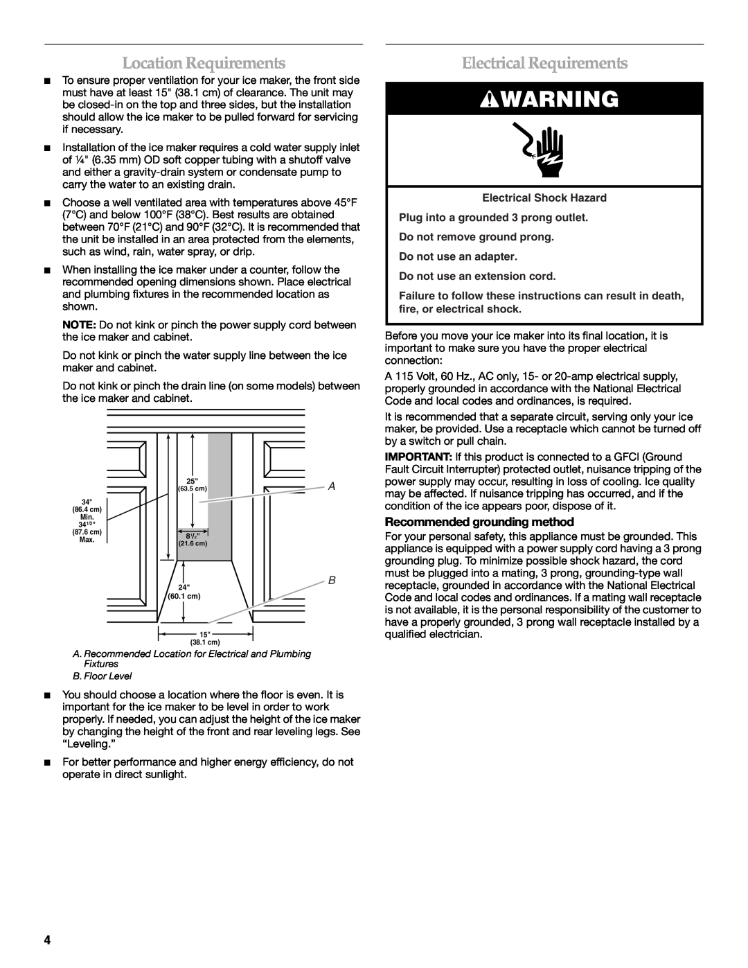 KitchenAid KUIO15NNLS manual Location Requirements, Electrical Requirements, Recommended grounding method 