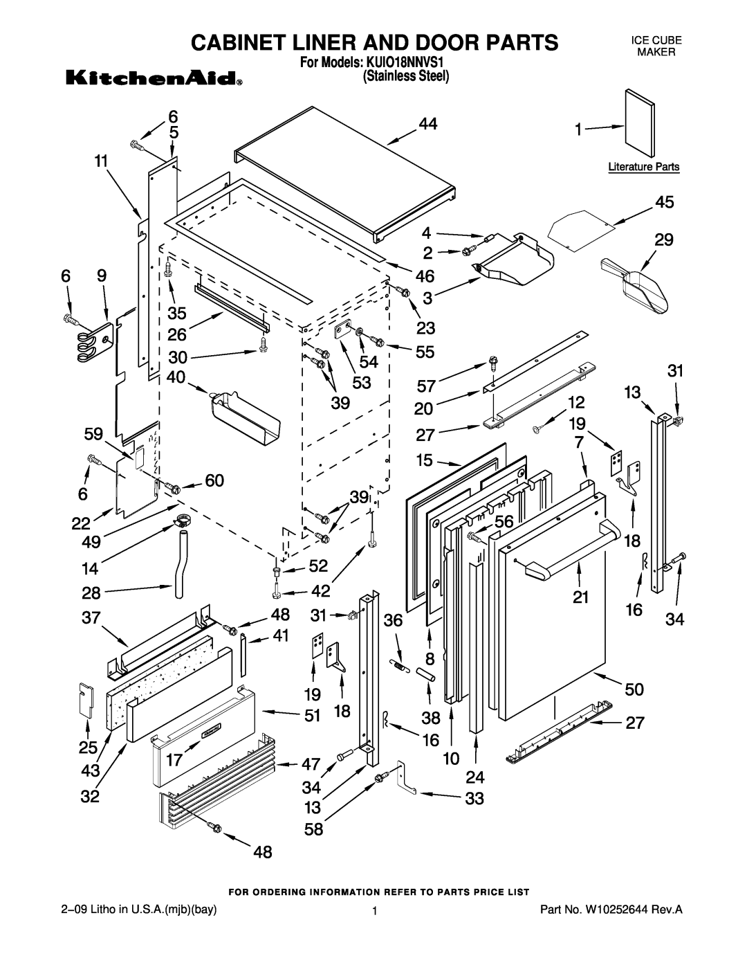 KitchenAid manual Cabinet Liner And Door Parts, For Models KUIO18NNVS1 Stainless Steel, Ice Cube Maker 