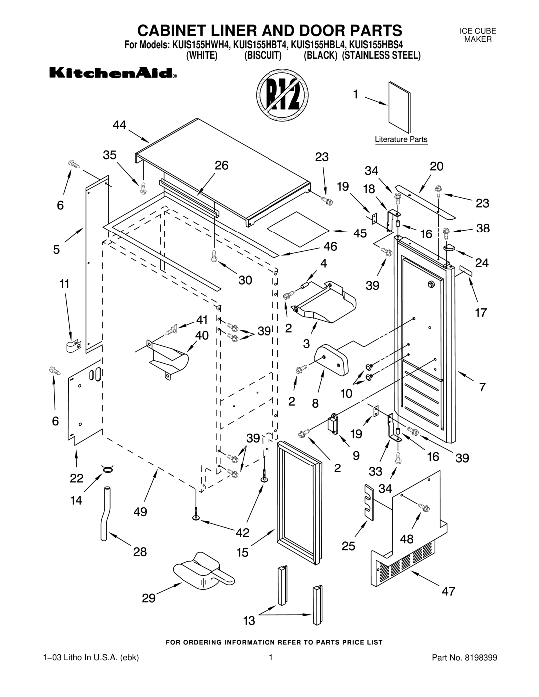 KitchenAid KUIS155HWH4, KUIS155HBT4, KUIS155HBS4, KUIS155HBL4 manual Cabinet Liner and Door Parts, White 