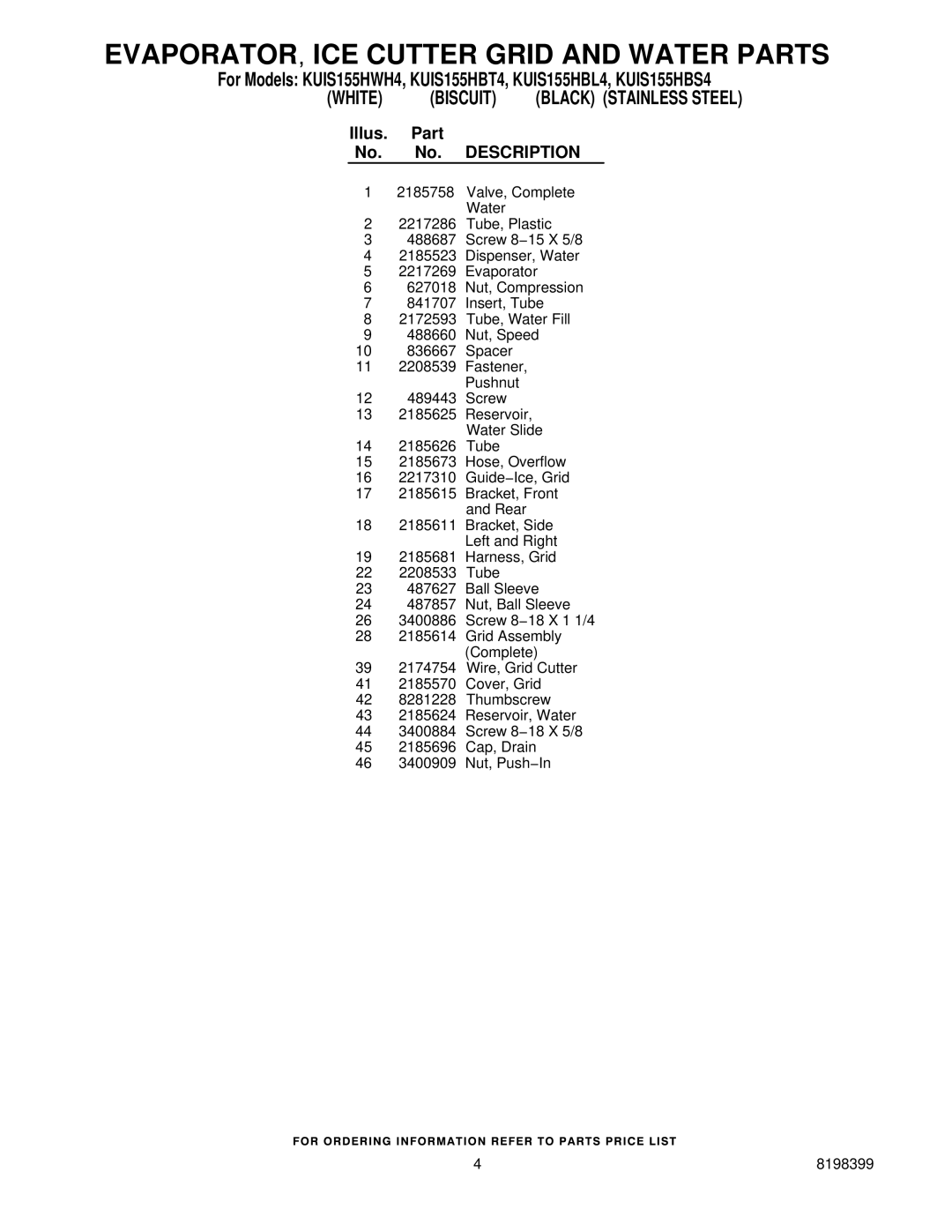KitchenAid KUIS155HBT4, KUIS155HWH4, KUIS155HBS4 Evaporator ICE Cutter Grid and Water Parts, Illus Part No. Description 