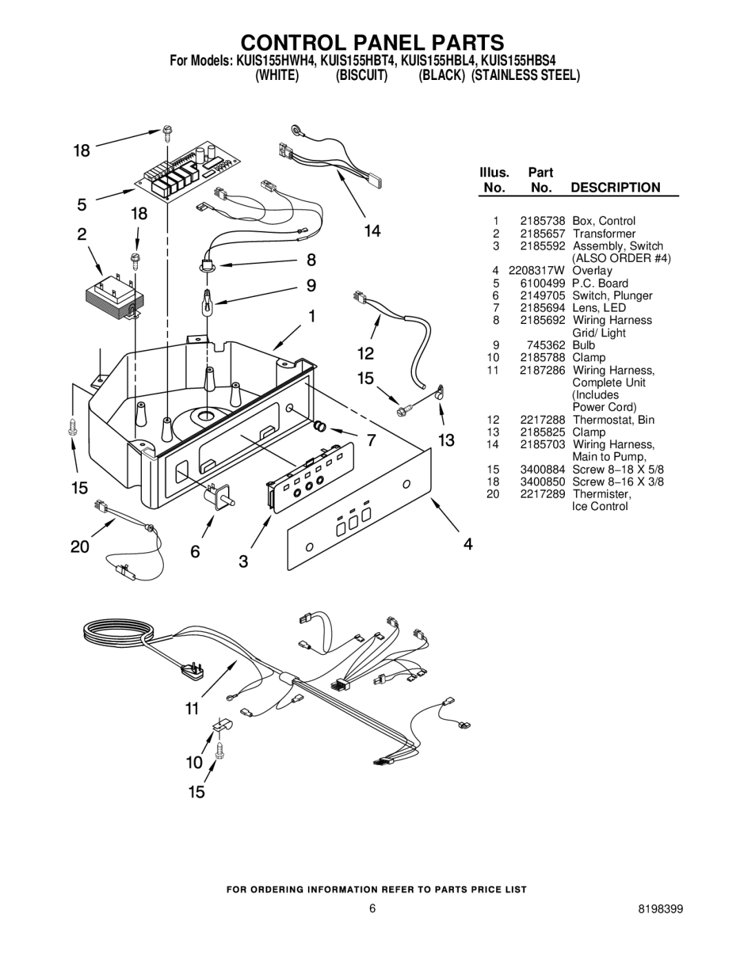 KitchenAid KUIS155HBS4, KUIS155HBT4, KUIS155HWH4 manual Control Panel Parts, White Biscuit Black Stainless Steel, Illus Part 