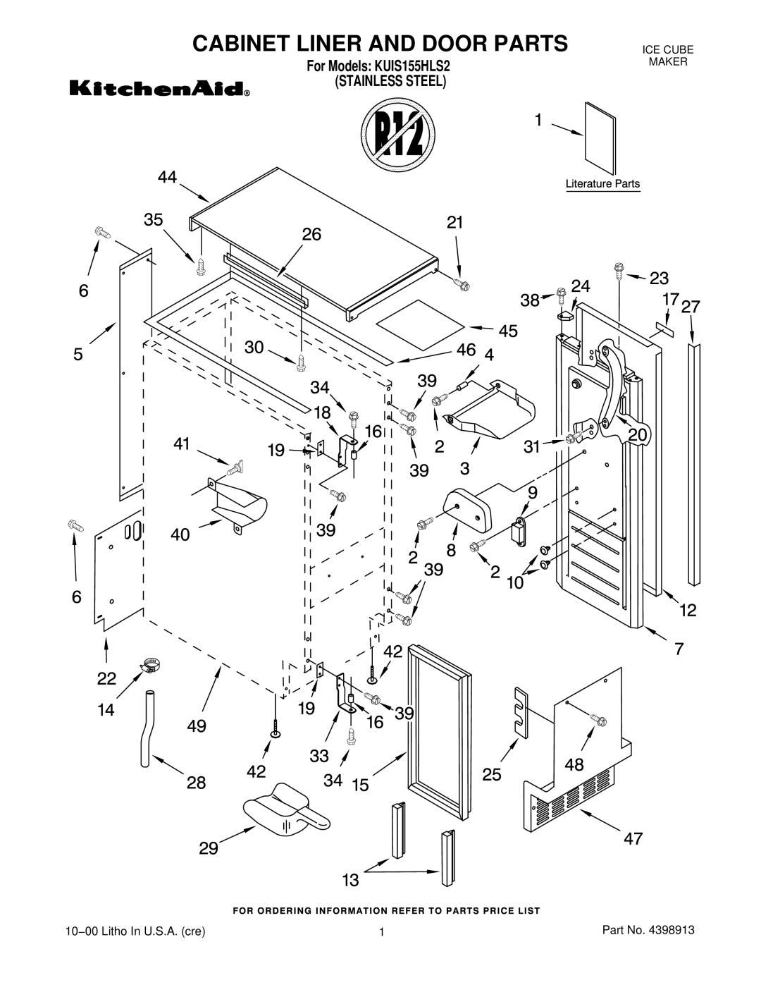 KitchenAid KUIS155HLS2 manual Cabinet Liner and Door Parts 