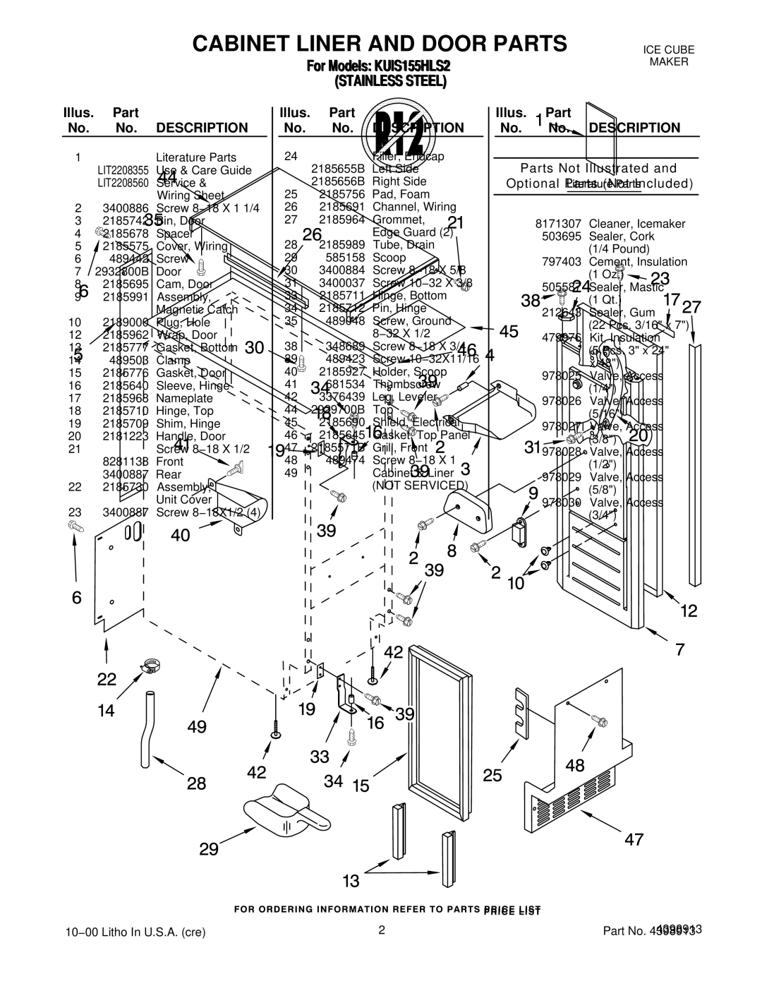 KitchenAid KUIS155HLS2 manual Cabinet Liner and Door Parts, Illus. Part No. No. Description 