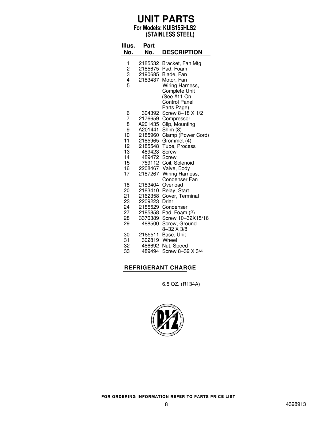 KitchenAid KUIS155HLS2 manual Unit Parts 