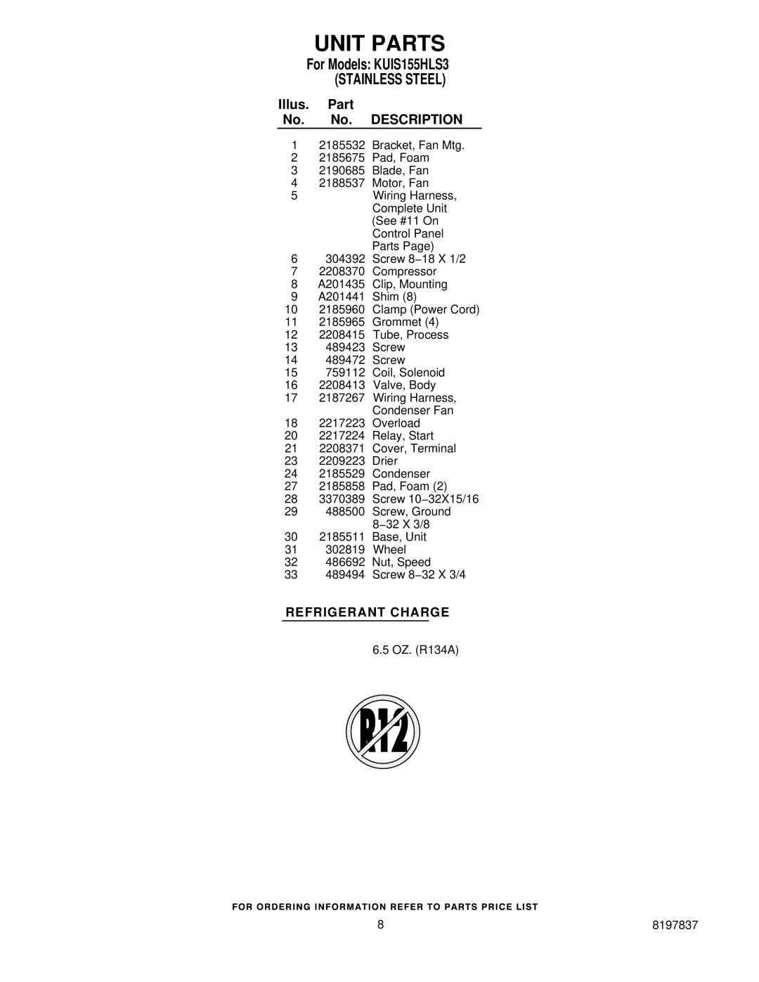 KitchenAid KUIS155HLS3 manual Refrigerant Charge 