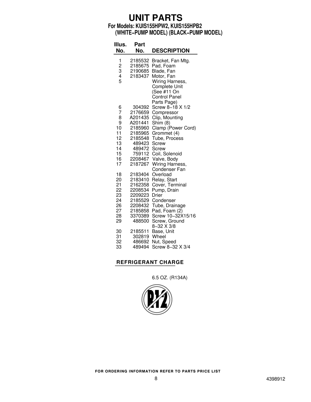 KitchenAid KUIS155HPW2, KUIS155HPB2 manual Refrigerant Charge 