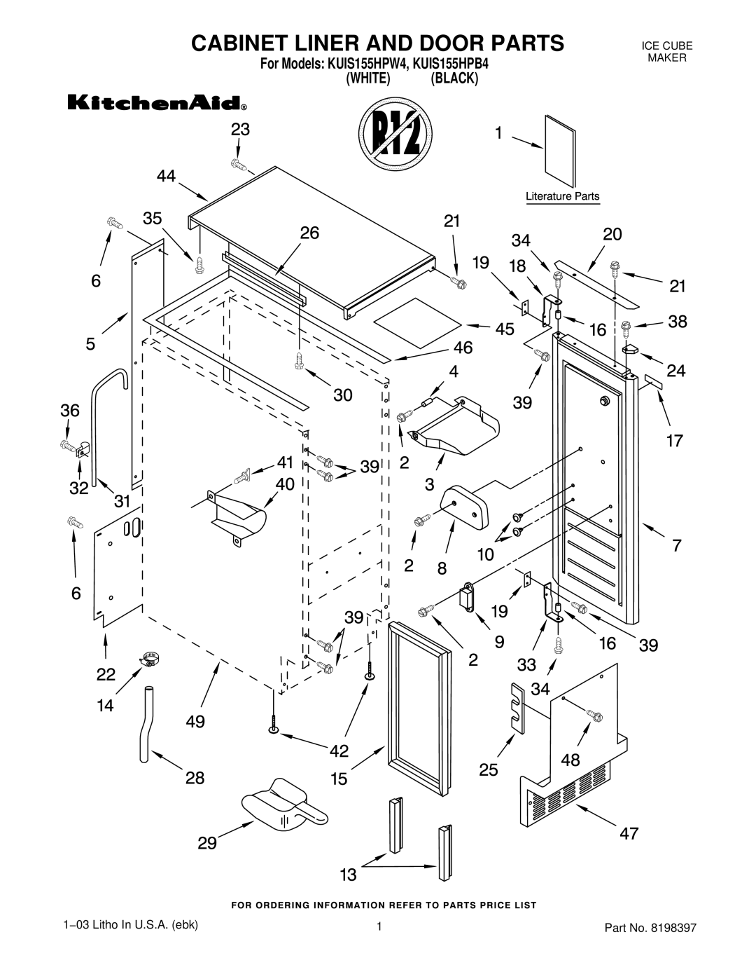 KitchenAid KUIS155HPB4, KUIS155HPW4 manual Cabinet Liner and Door Parts 