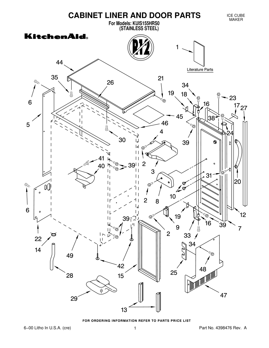 KitchenAid KUIS155HRS0 manual Cabinet Liner and Door Parts 