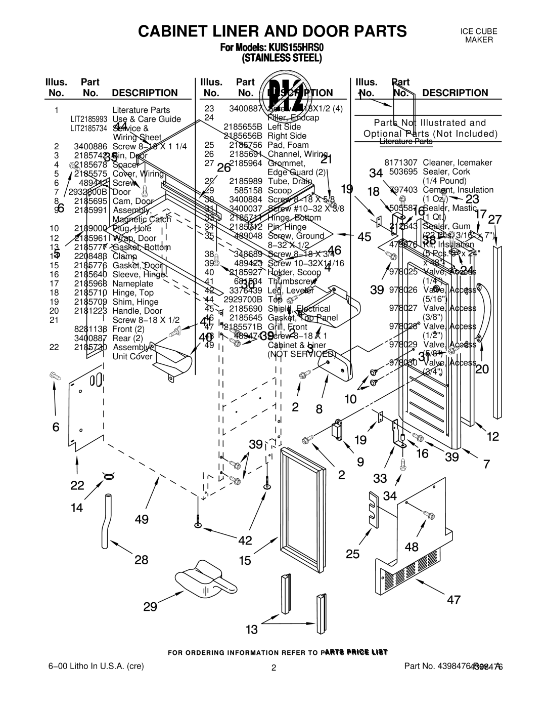 KitchenAid KUIS155HRS0 manual Cabinet Liner and Door Parts, Illus. Part No. No. Description 