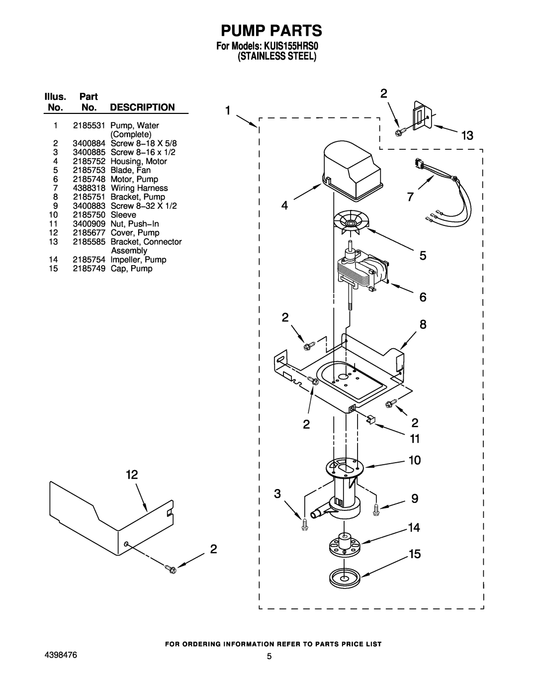 KitchenAid manual Pump Parts, For Models KUIS155HRS0 STAINLESS STEEL, Illus. Part No. No. DESCRIPTION, Screw 8−32 X 1/2 