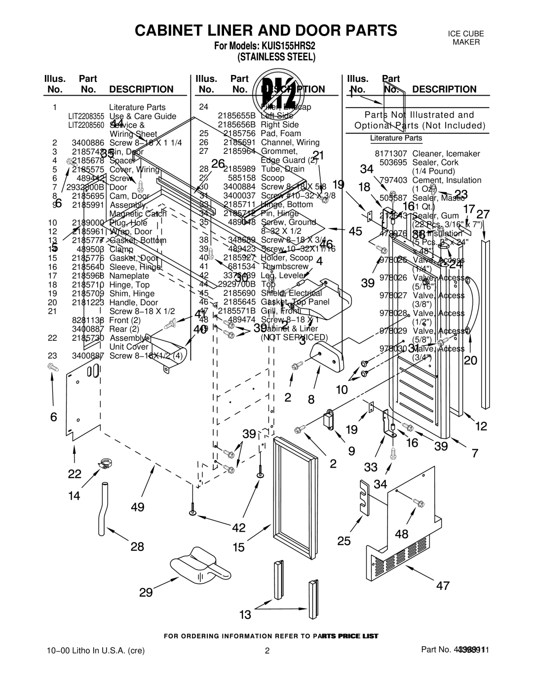 KitchenAid KUIS155HRS2 manual Illus. Part No. No. Description 