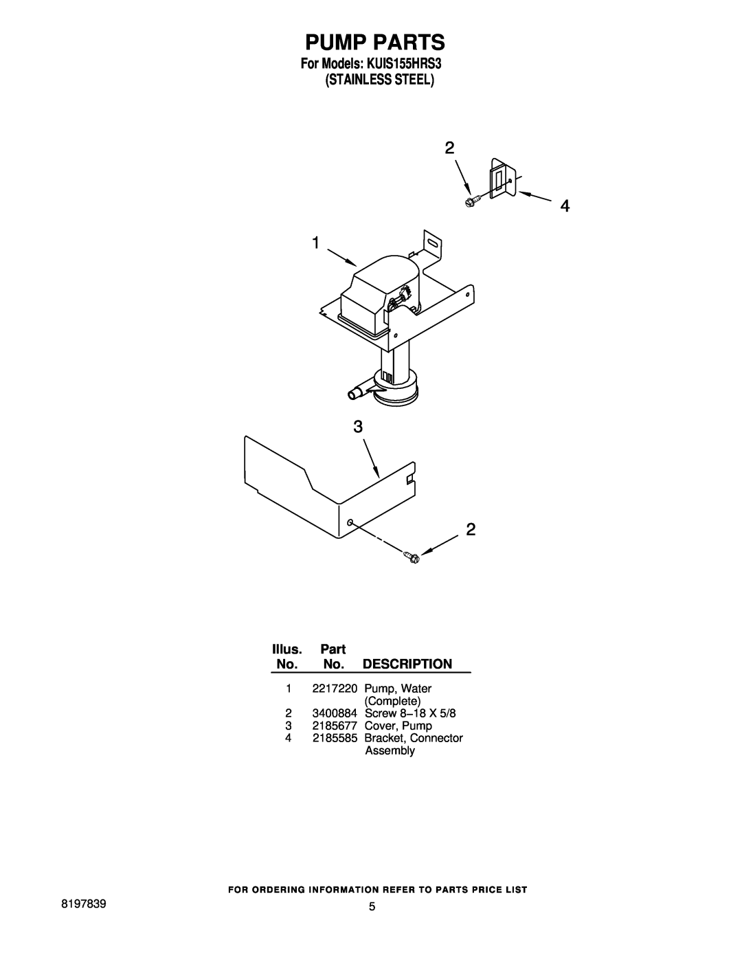 KitchenAid manual Pump Parts, For Models KUIS155HRS3 STAINLESS STEEL, Illus. Part No. No. DESCRIPTION 