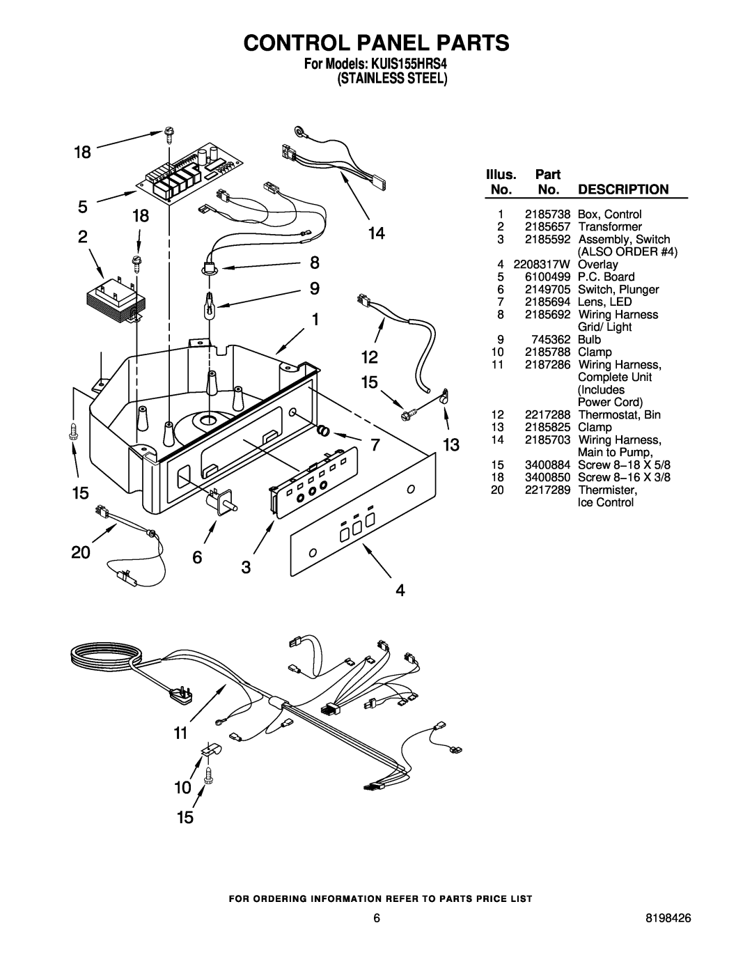 KitchenAid manual Control Panel Parts, Illus, Description, For Models KUIS155HRS4 STAINLESS STEEL 