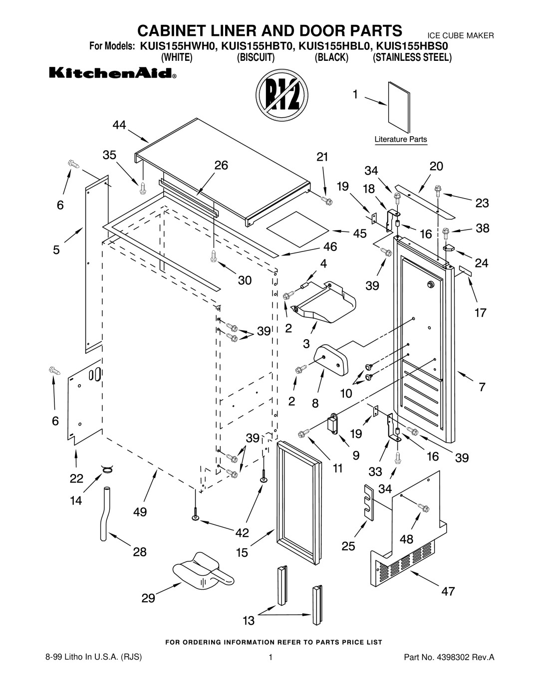 KitchenAid KUIS155HBS0, KUIS155HWH0, KUIS155HBL0, KUIS155HBT0 manual Cabinet Liner and Door Parts ICE Cube Maker 