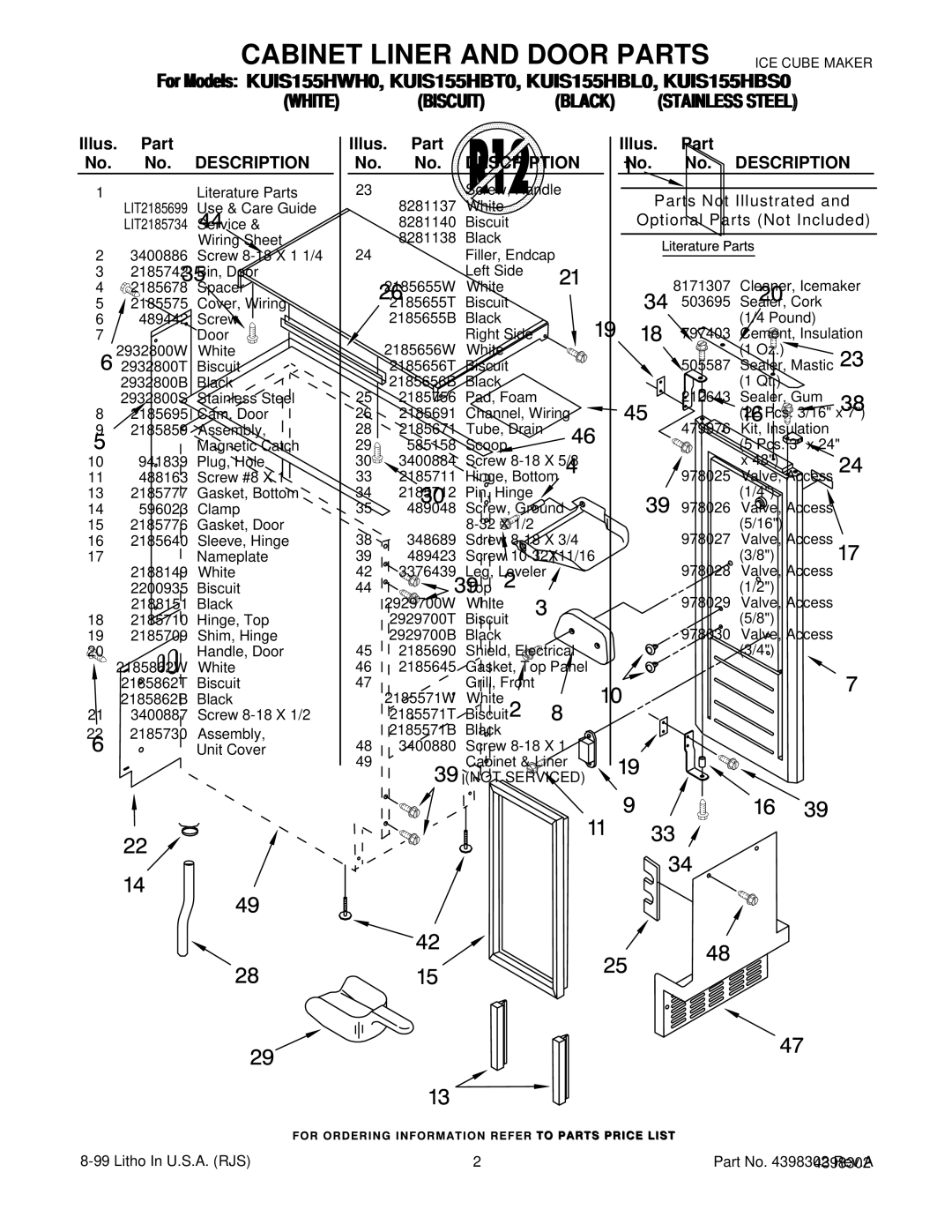 KitchenAid KUIS155HBL0, KUIS155HWH0, KUIS155HBS0, KUIS155HBT0 Cabinet Liner and Door Parts, Illus. Part No. No. Description 