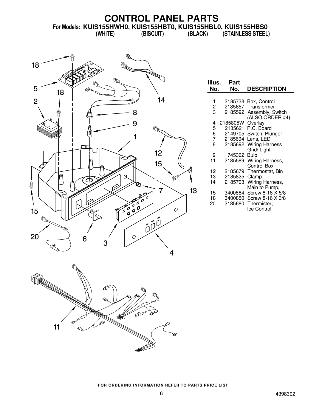 KitchenAid KUIS155HBL0, KUIS155HWH0, KUIS155HBS0, KUIS155HBT0 manual Control Panel Parts, Illus Part 