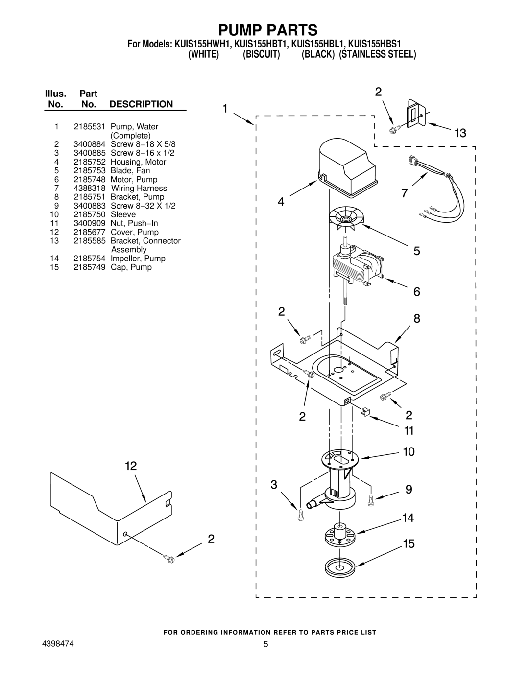 KitchenAid KUIS155HBT1, KUIS155HWH1, KUIS155HBS1, KUIS155HBL1 manual Pump Parts, Illus. Part No. No. Description 