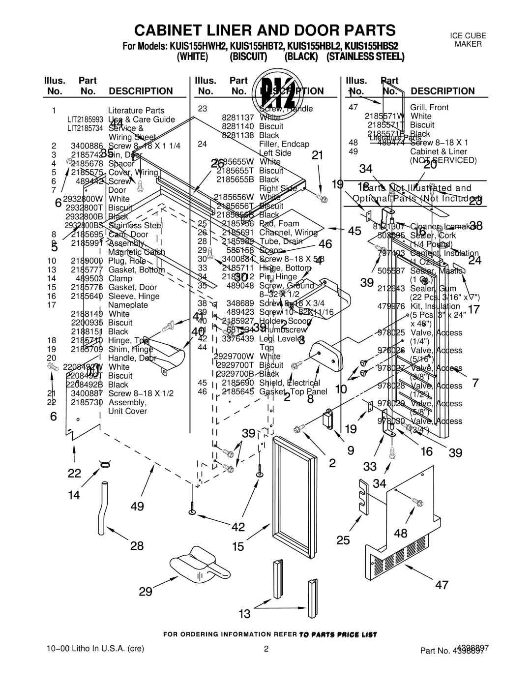 KitchenAid KUIS155HBS2, KUIS155HWH2 Illus. Part No. No. Description, Parts Not Illustrated and Optional Parts Not Included 