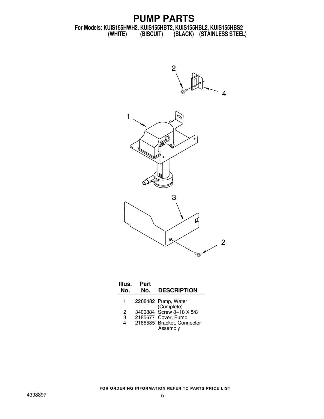 KitchenAid KUIS155HBT2, KUIS155HWH2, KUIS155HBS2, KUIS155HBL2 manual Pump Parts, Illus. Part No. No. Description 