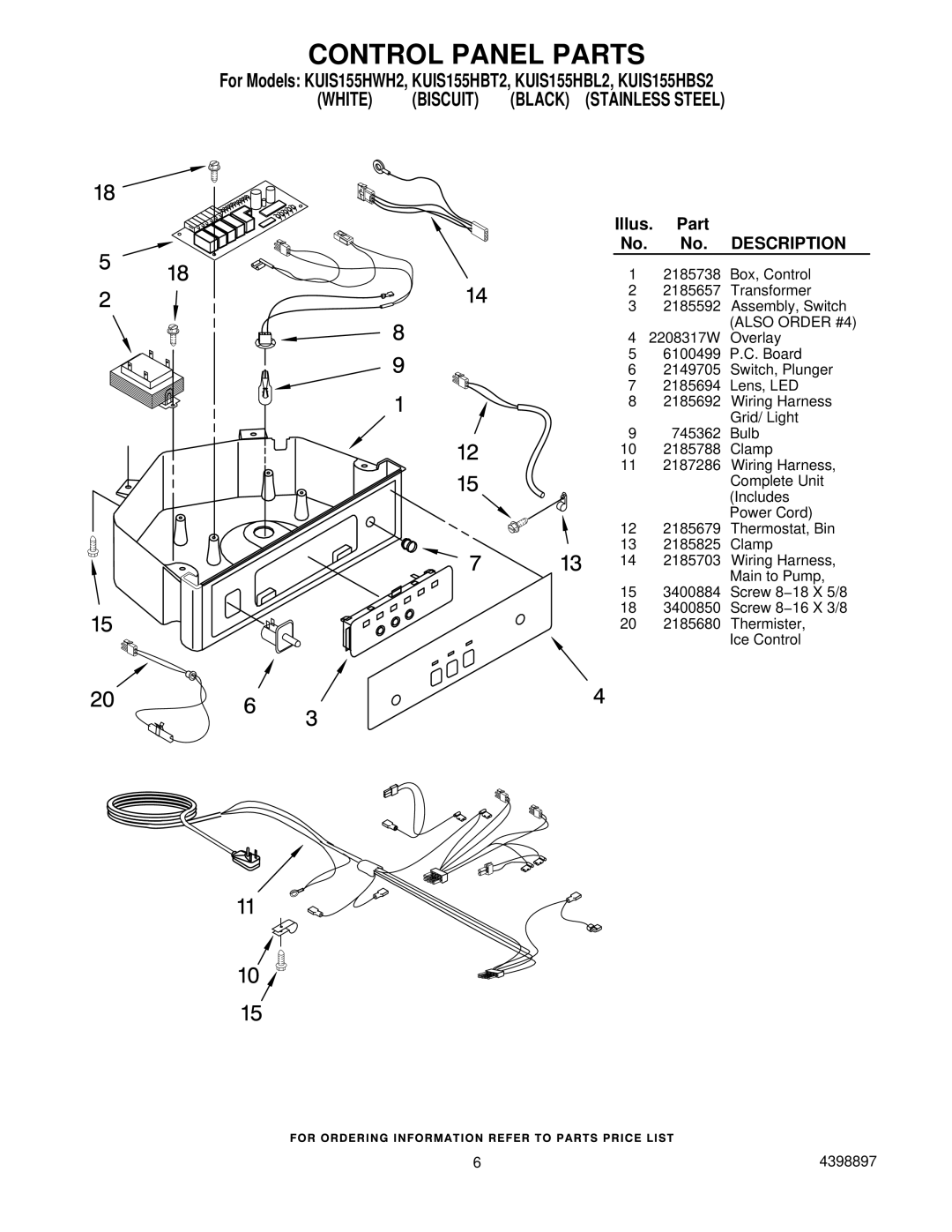 KitchenAid KUIS155HBS2, KUIS155HWH2, KUIS155HBT2, KUIS155HBL2 manual Control Panel Parts, Illus Part 