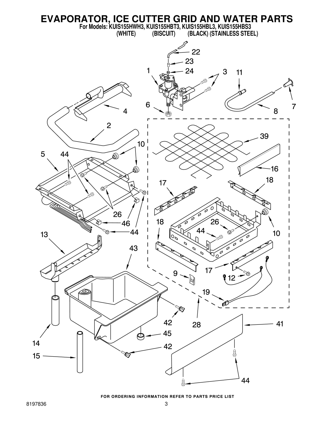 KitchenAid KUIS155HBL3, KUIS155HWH3, KUIS155HBT3, KUIS155HBS3 manual EVAPORATOR, ICE Cutter Grid and Water Parts 