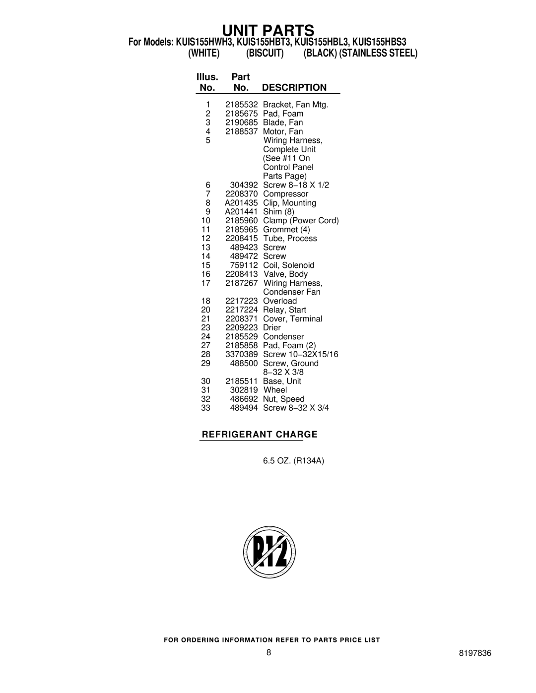 KitchenAid KUIS155HWH3, KUIS155HBT3, KUIS155HBS3, KUIS155HBL3 manual Illus Part No. Description 