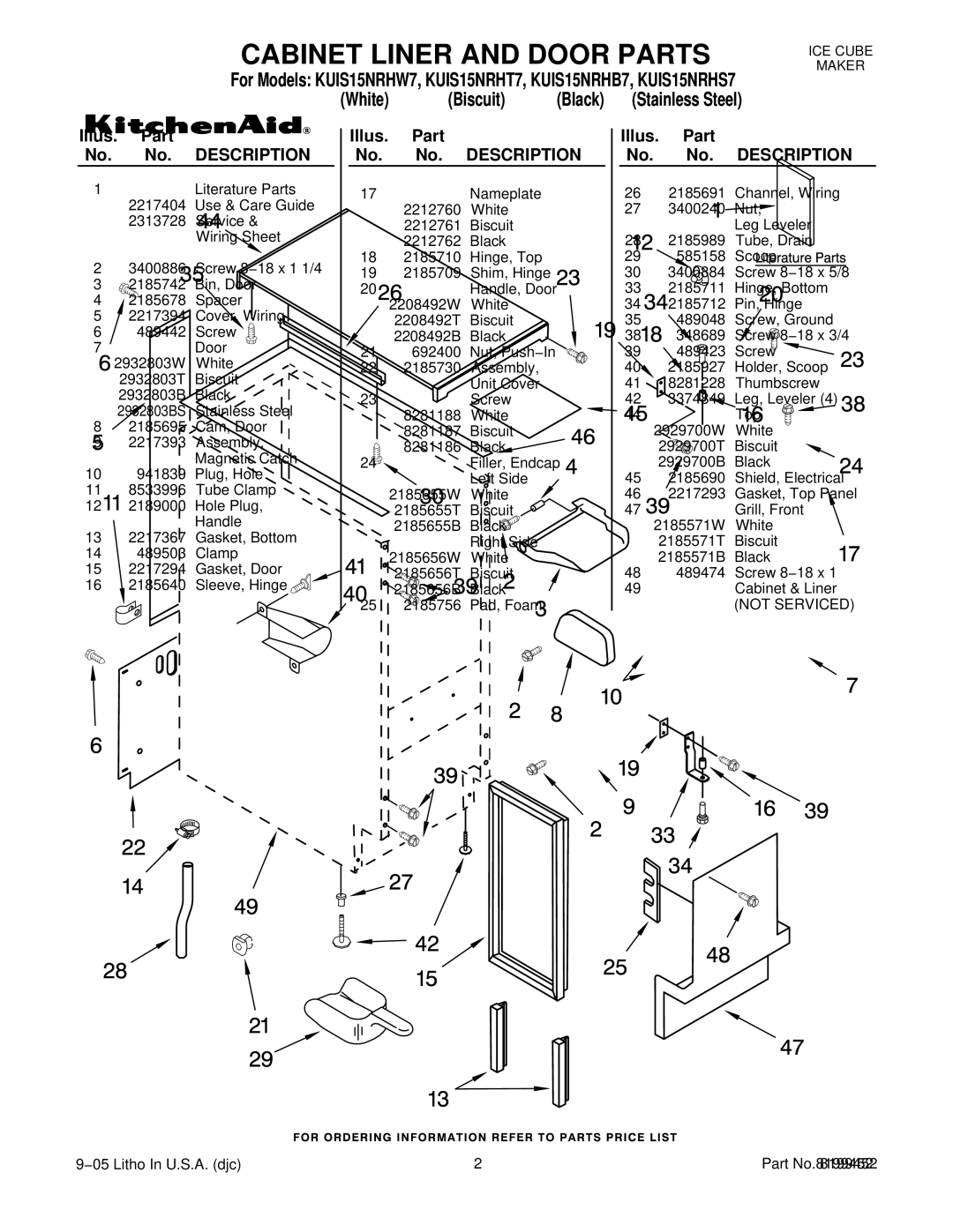 KitchenAid KUIS15NRHW7, KUIS15NRHB7, KUIS15NRHS7, KUIS15NRHT7 manual Illus. Part No. No. Description 