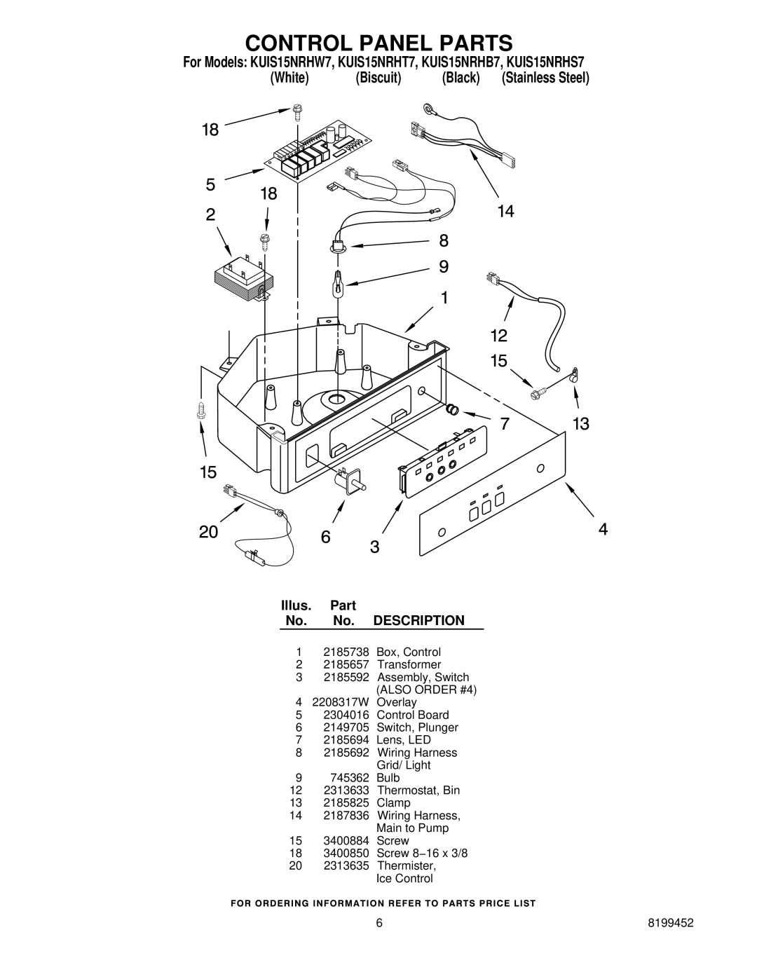 KitchenAid KUIS15NRHW7, KUIS15NRHB7, KUIS15NRHS7, KUIS15NRHT7 manual Control Panel Parts 