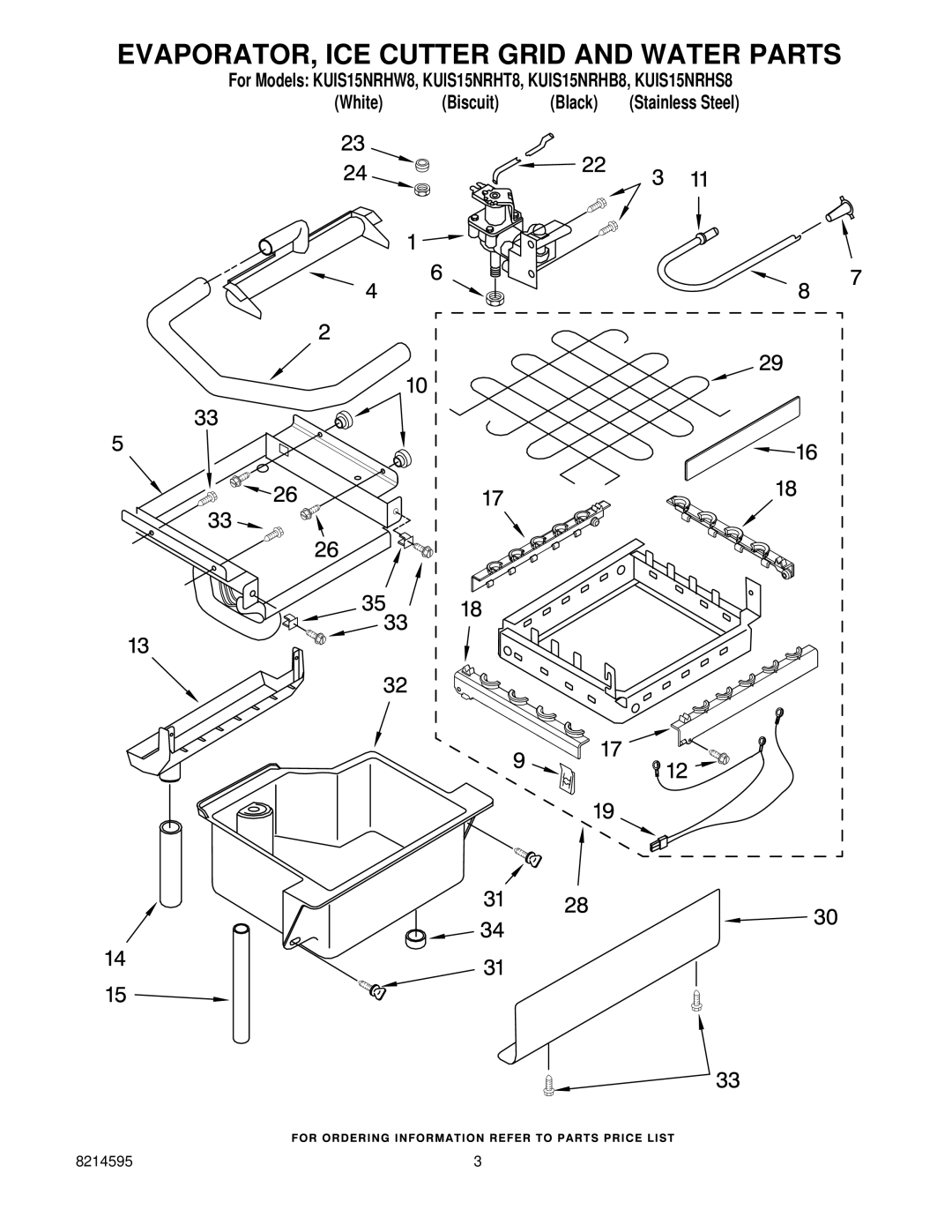 KitchenAid KUIS15NRHT8, KUIS15NRHS8, KUIS15NRHB8, KUIS15NRHW8 manual EVAPORATOR, ICE Cutter Grid and Water Parts 