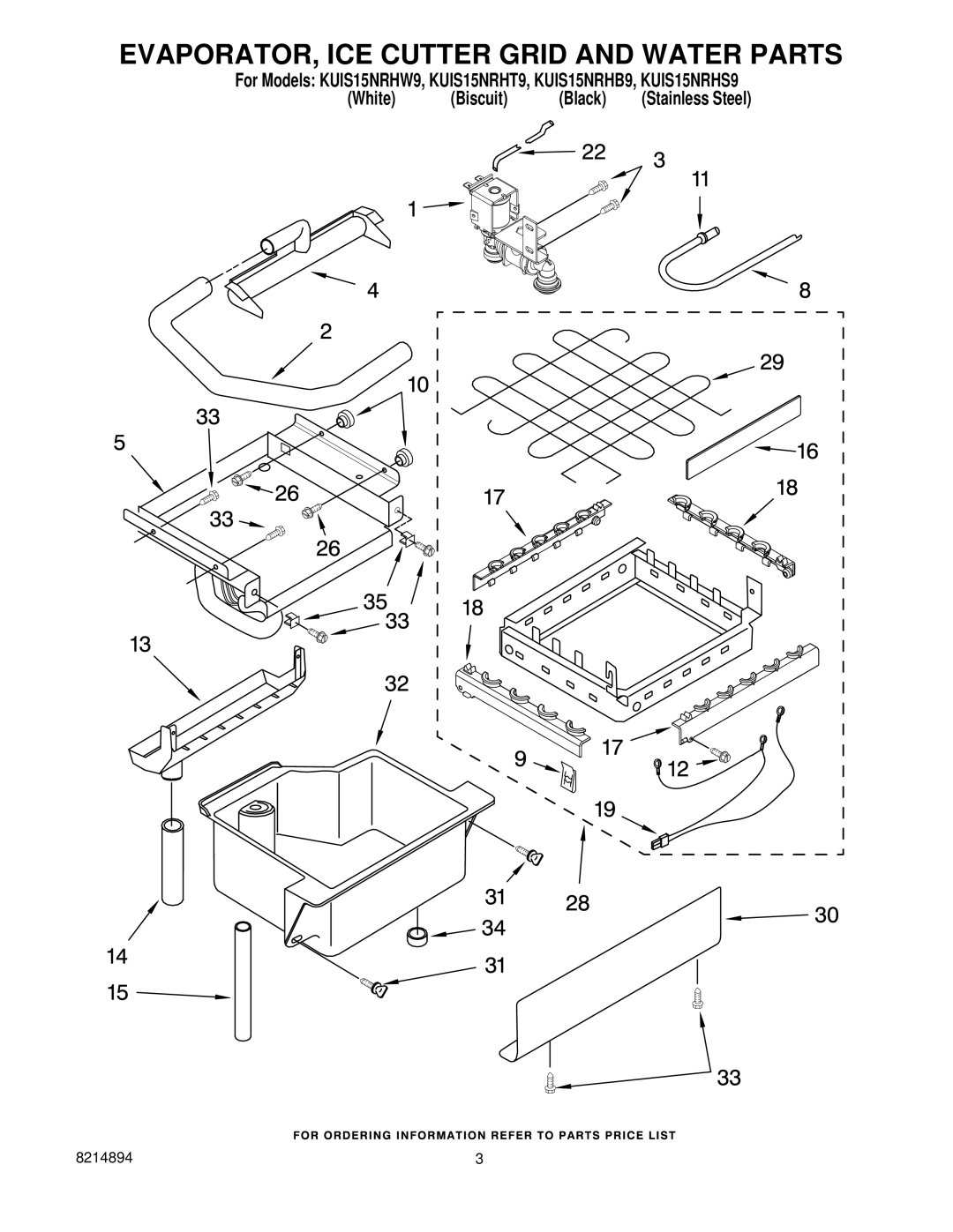 KitchenAid KUIS15NRHT9, KUIS15NRHS9, KUIS15NRHB9, KUIS15NRHW9 manual EVAPORATOR, ICE Cutter Grid and Water Parts 