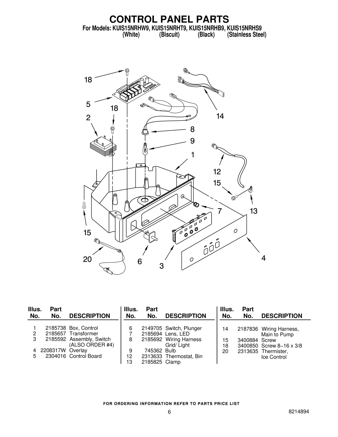 KitchenAid KUIS15NRHW9, KUIS15NRHS9, KUIS15NRHB9, KUIS15NRHT9 manual Control Panel Parts 