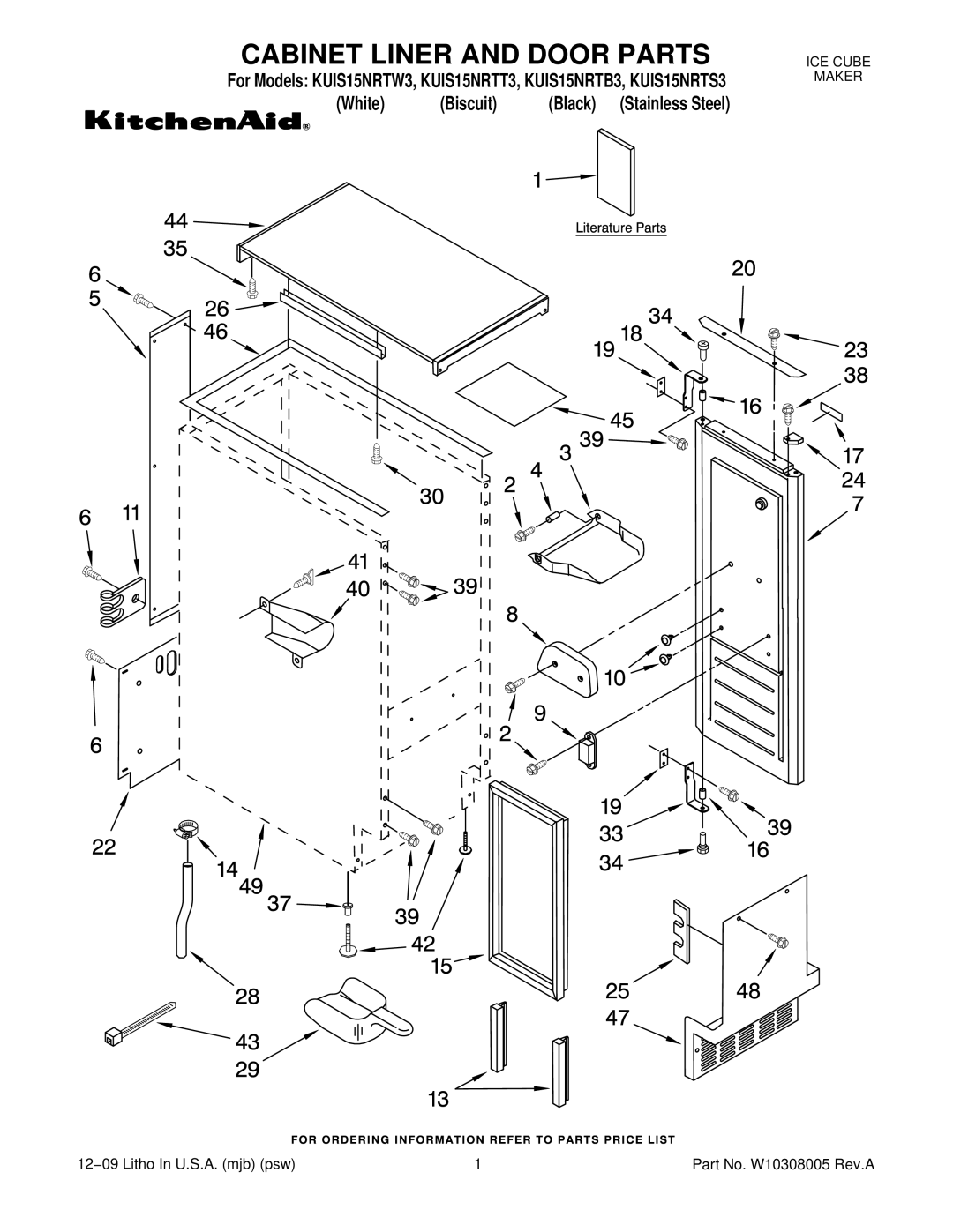 KitchenAid KUIS15NRTW3, KUIS15NRTB3, KUIS15NRTS3, KUIS15NRTT3 manual Cabinet Liner and Door Parts 