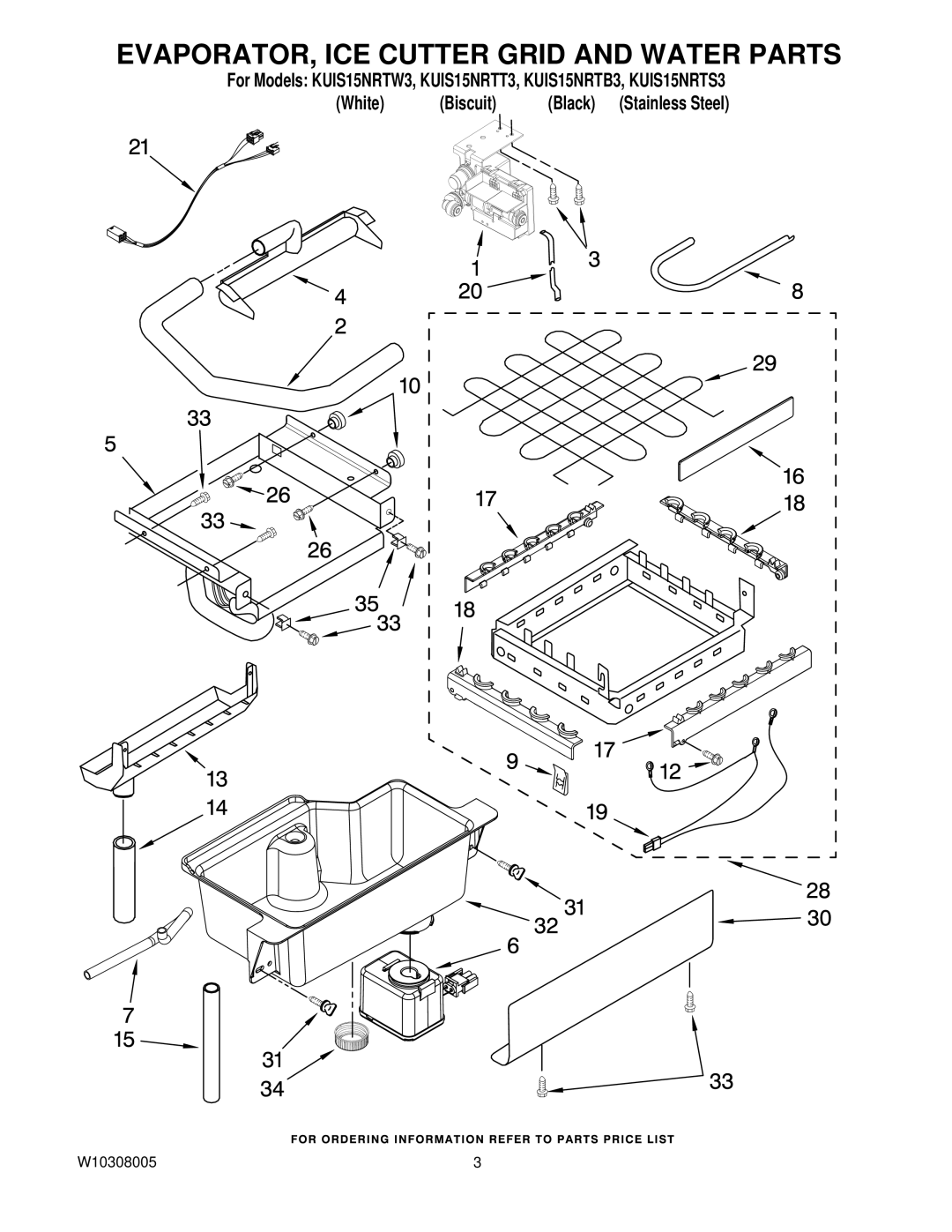 KitchenAid KUIS15NRTT3, KUIS15NRTB3, KUIS15NRTW3, KUIS15NRTS3 manual EVAPORATOR, ICE Cutter Grid and Water Parts 