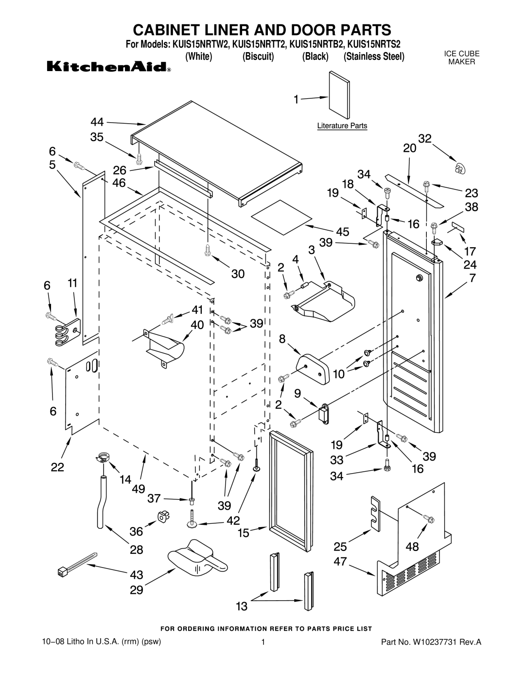 KitchenAid KUIS15NRTW2, KUIS15NRTT2, KUIS15NRTS2, KUIS15NRTB2 manual Cabinet Liner and Door Parts 