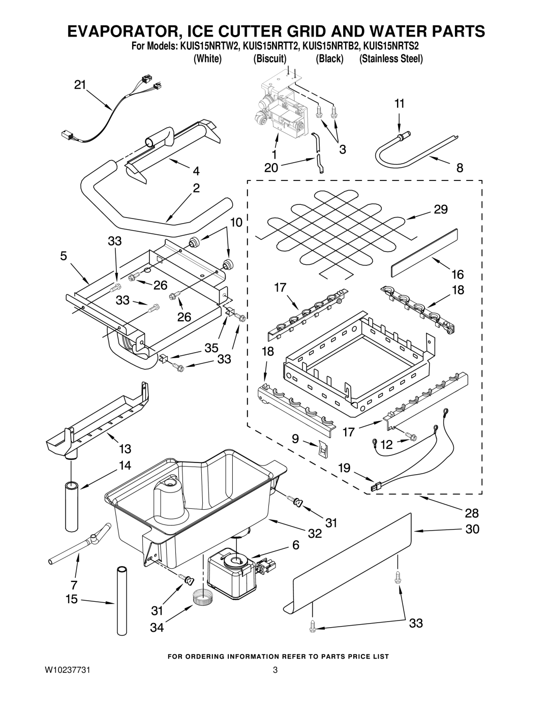 KitchenAid KUIS15NRTB2, KUIS15NRTT2, KUIS15NRTW2, KUIS15NRTS2 manual EVAPORATOR, ICE Cutter Grid and Water Parts 