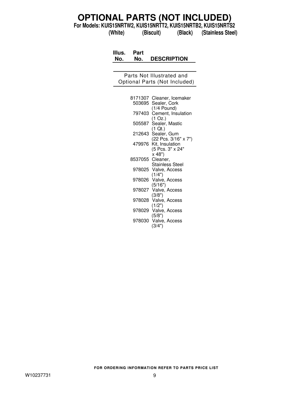 KitchenAid KUIS15NRTW2, KUIS15NRTT2 manual Optional Parts not Included, Parts Not Illustrated Optional Parts Not Included 