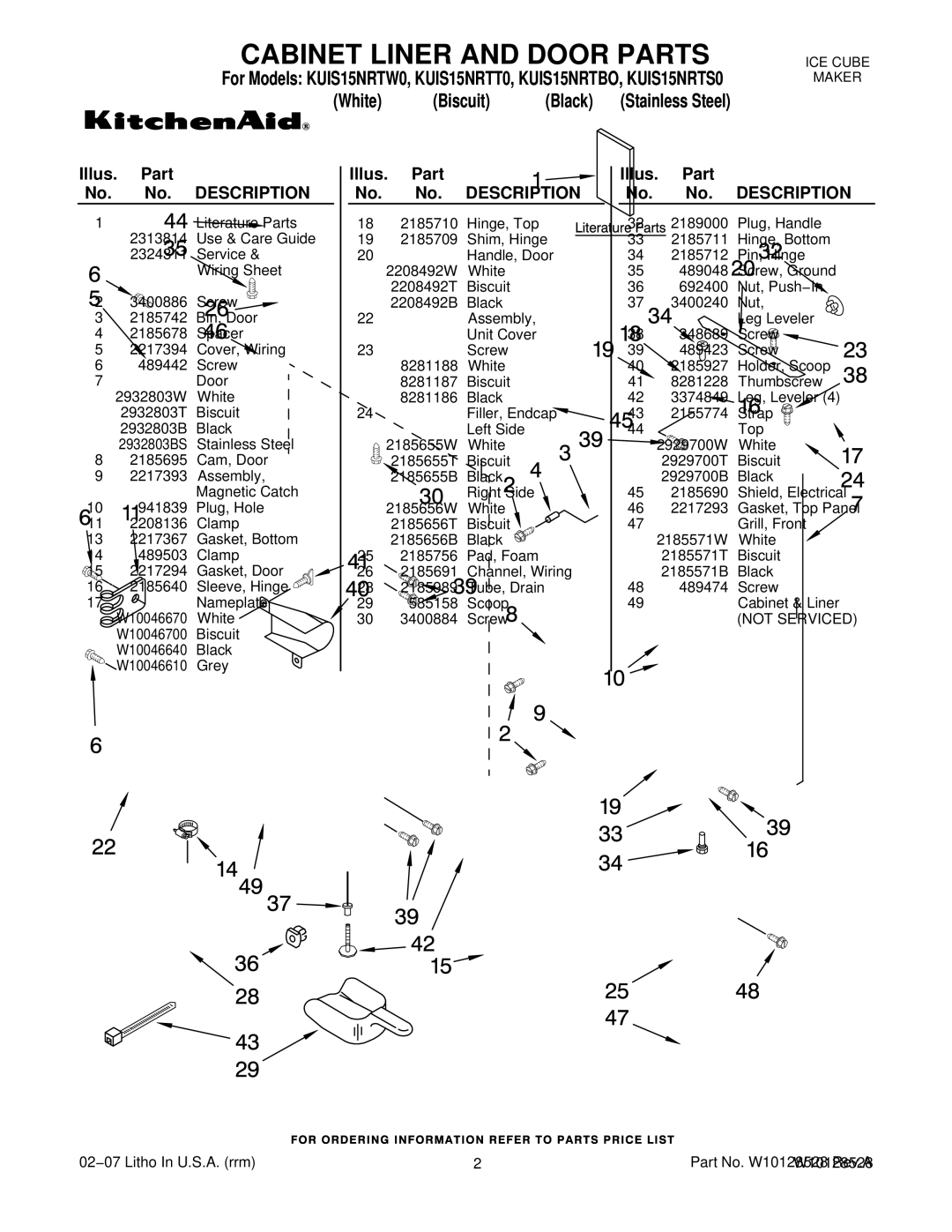 KitchenAid KUIS15NRTBO, KUIS15NRTW0, KUIS15NRTT0, KUIS15NRTS0 manual Illus. Part No. No. Description 