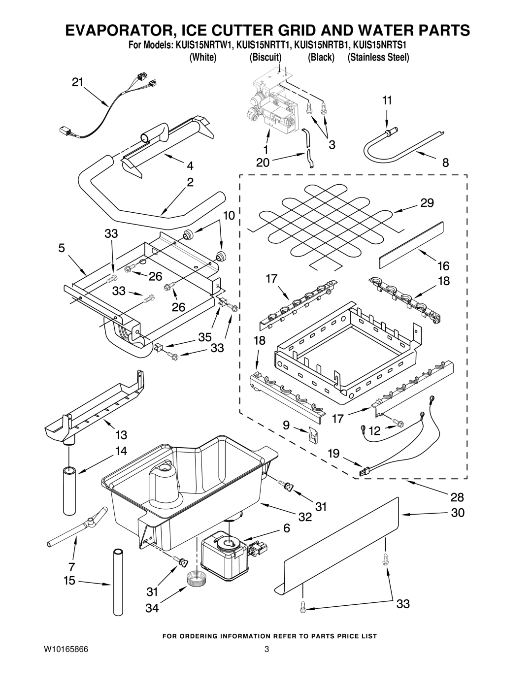 KitchenAid KUIS15NRTS1, KUIS15NRTW1, KUIS15NRTT1, KUIS15NRTB1 manual EVAPORATOR, ICE Cutter Grid and Water Parts 