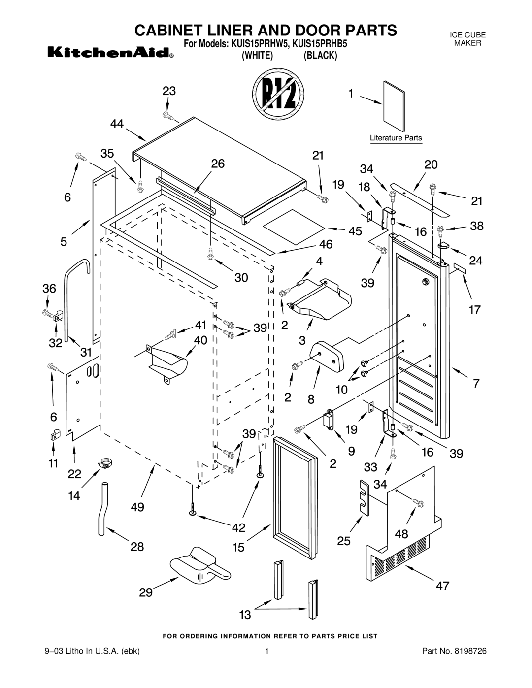 KitchenAid KUIS15PRHW5, KUIS15PRHB5 manual Cabinet Liner and Door Parts 