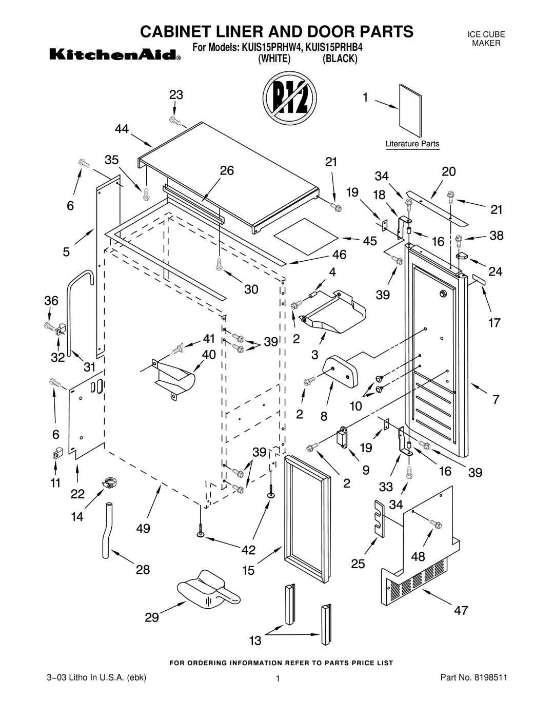 KitchenAid KUIS15PRHB4, KUIS15PRHW4 manual Cabinet Liner and Door Parts 