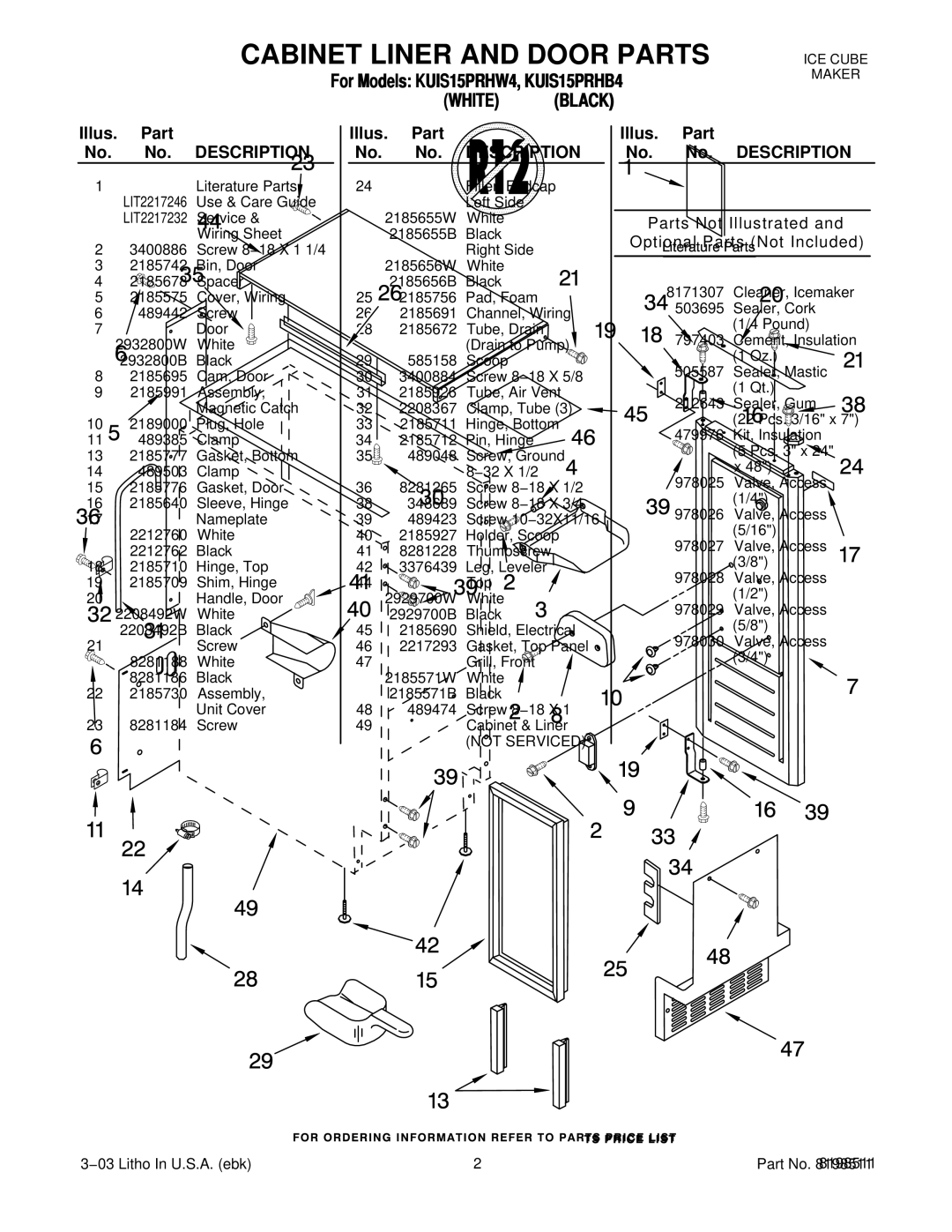 KitchenAid KUIS15PRHW4, KUIS15PRHB4 manual Illus. Part No. No. Description 