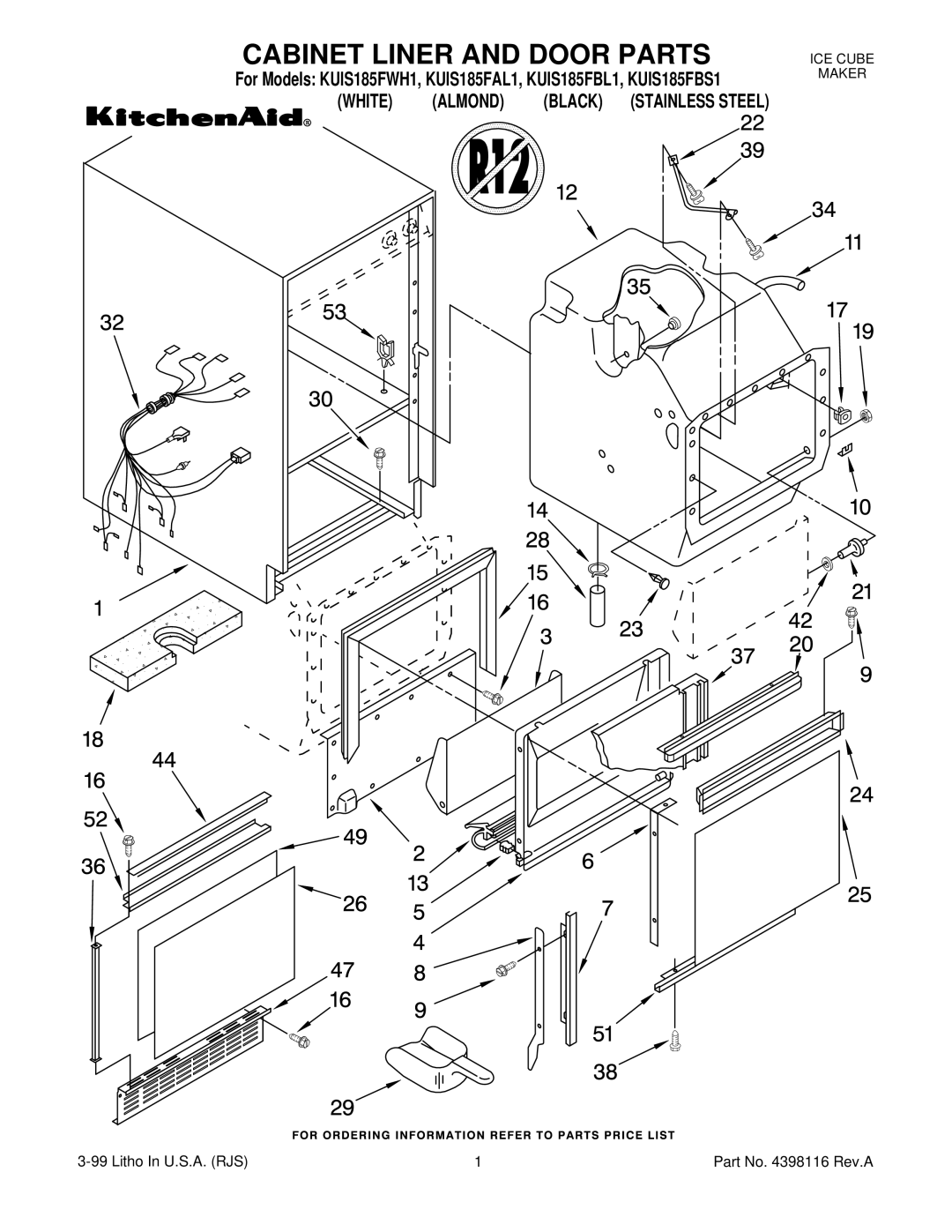 KitchenAid KUIS185FBS1, KUIS185FAL1, KUIS185FWH1, KUIS185FBL1 manual Cabinet Liner and Door Parts 