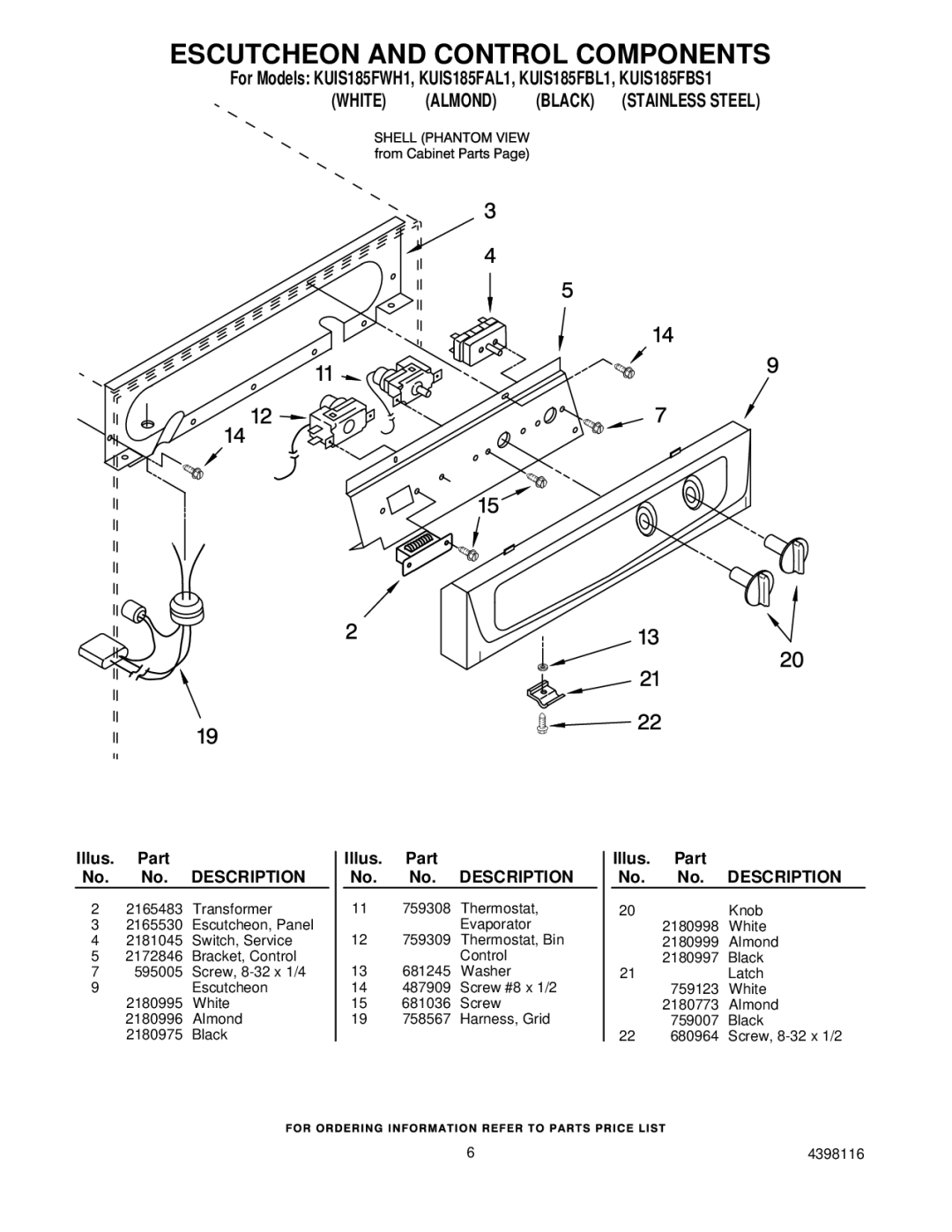 KitchenAid KUIS185FWH1, KUIS185FAL1, KUIS185FBS1, KUIS185FBL1 manual Escutcheon and Control Components 