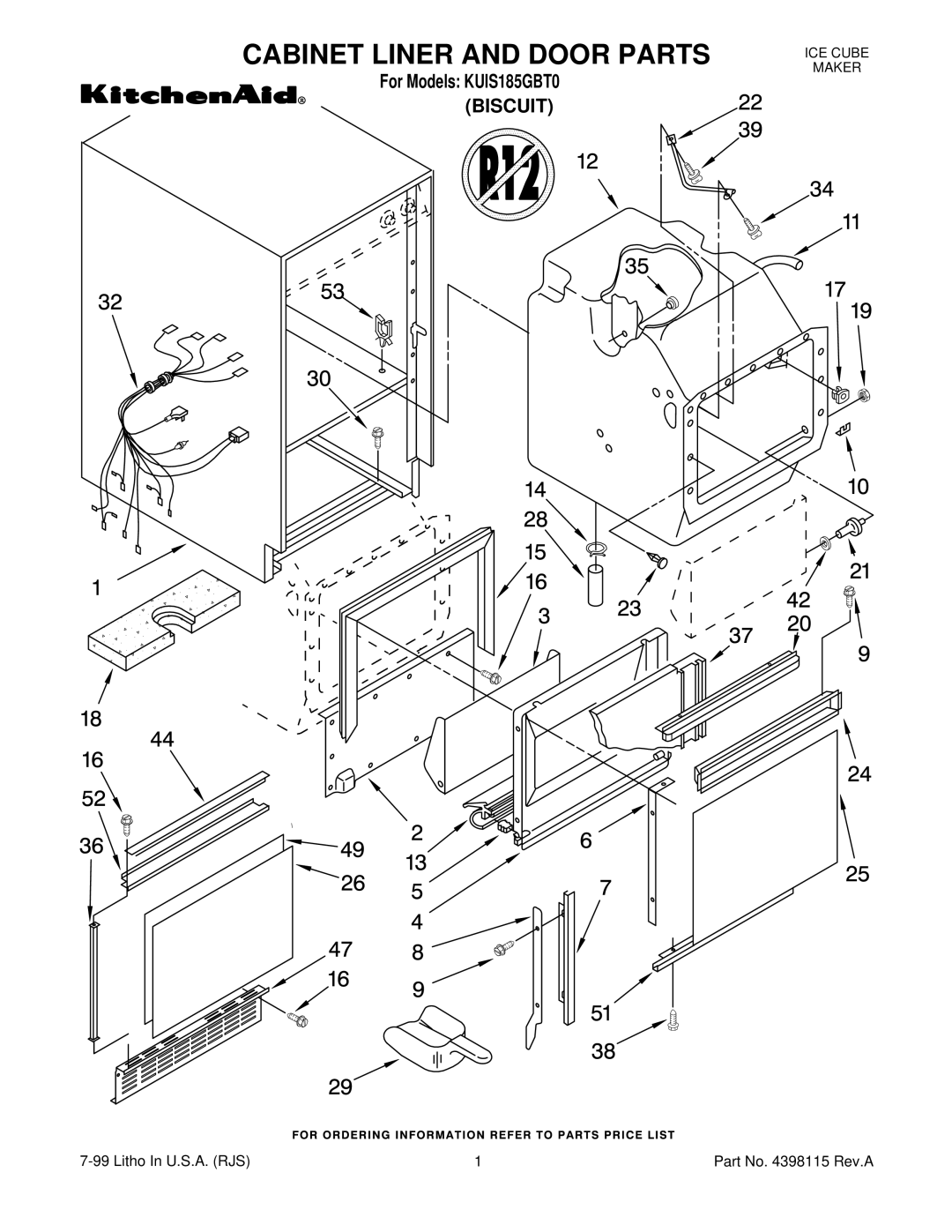 KitchenAid KUIS185GBT0 manual Cabinet Liner and Door Parts 