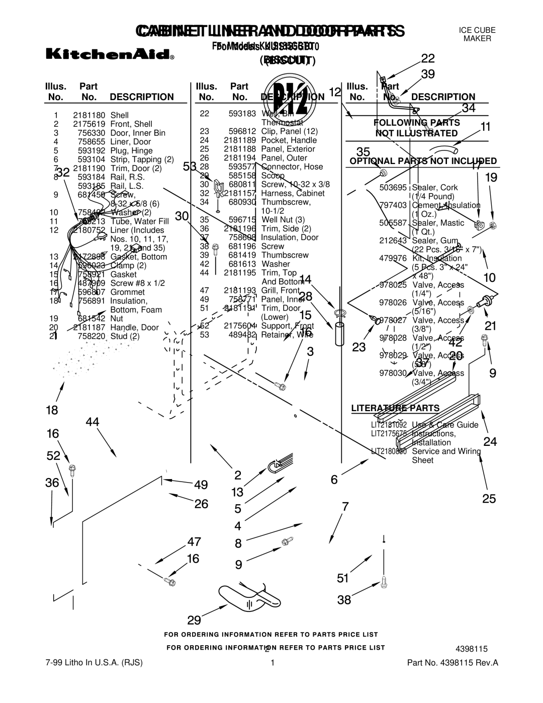 KitchenAid KUIS185GBT0 manual Illus. Part No. No. Description 