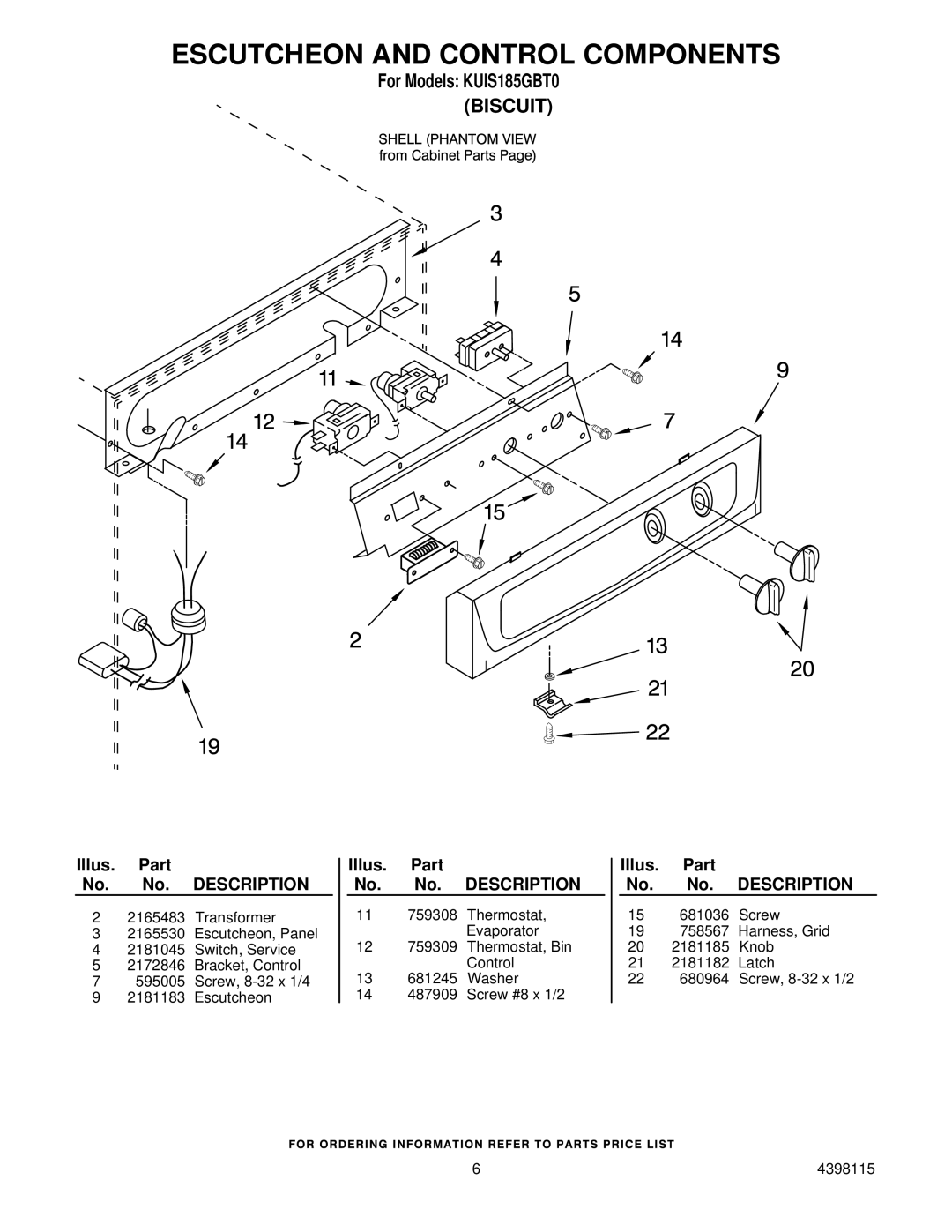 KitchenAid KUIS185GBT0 manual Escutcheon and Control Components 